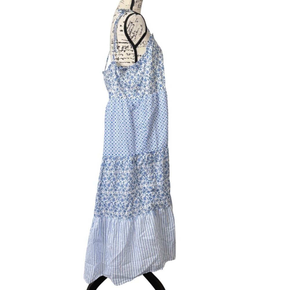 J.Crew Ruffle Tiered Dress Sleeveless Blue Floral Cotton Prairie Women XL - Picture 3 of 8